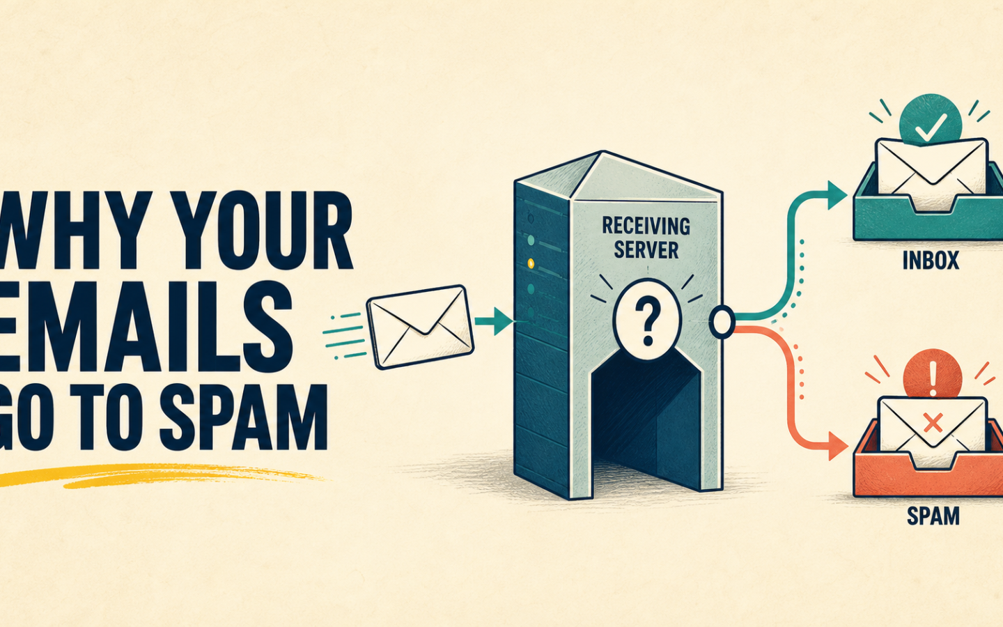 Email deliverability South Africa flow showing a receiving server routing business email to an inbox or spam folder.