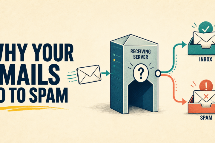 Email deliverability South Africa flow showing a receiving server routing business email to an inbox or spam folder.