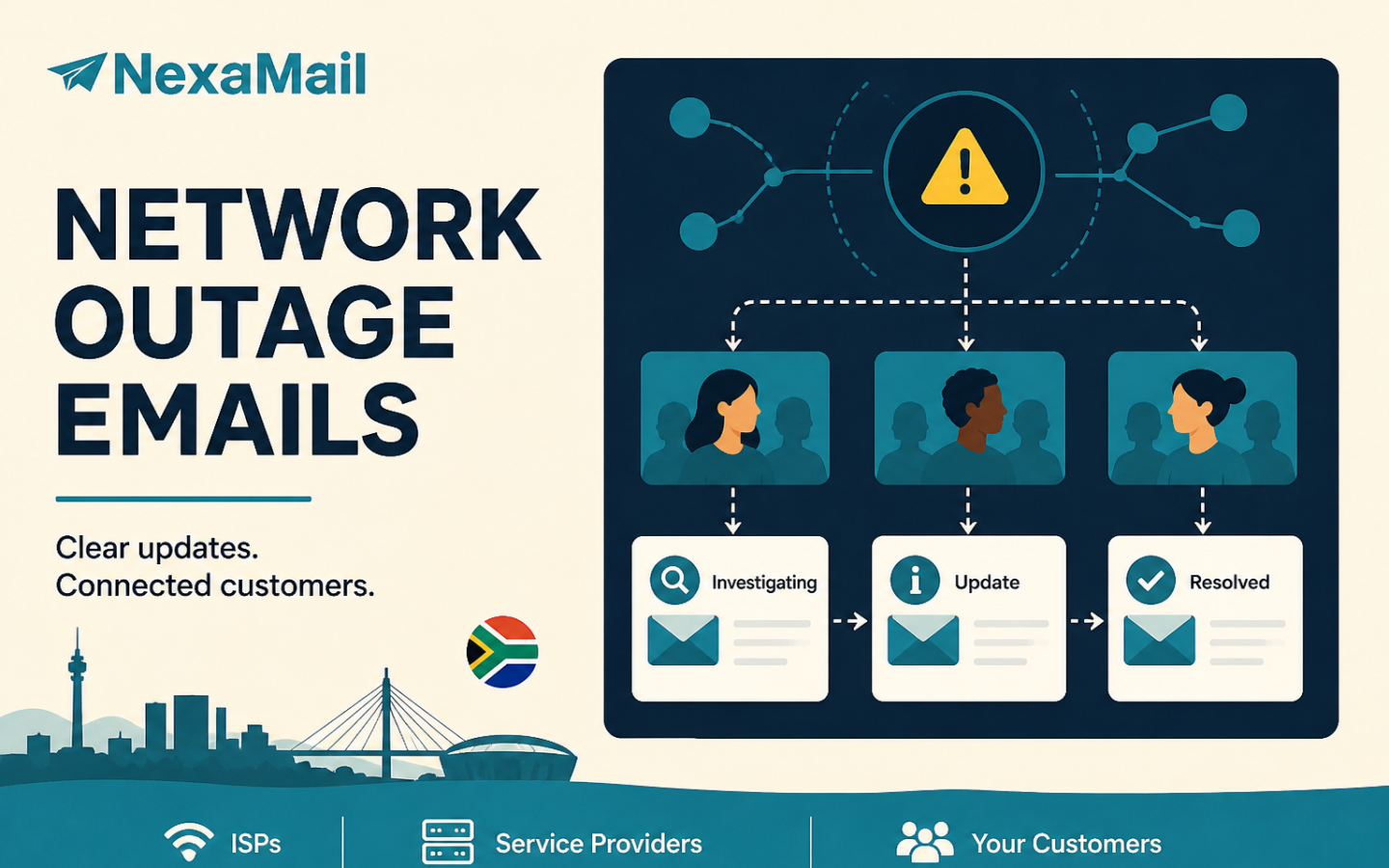 Network outage notification email workflow for ISPs showing investigating, customer update and resolved stages