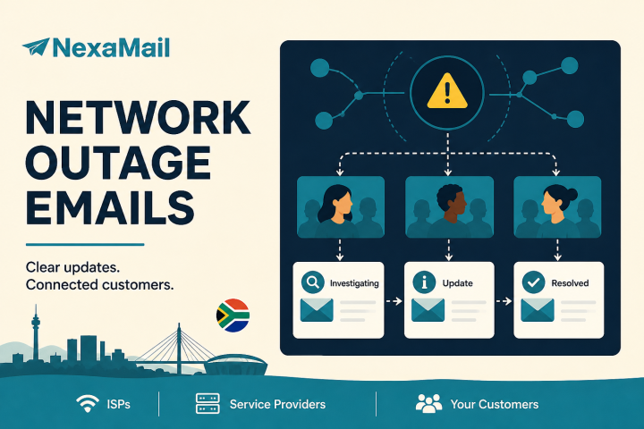 Network outage notification email workflow for ISPs showing investigating, customer update and resolved stages